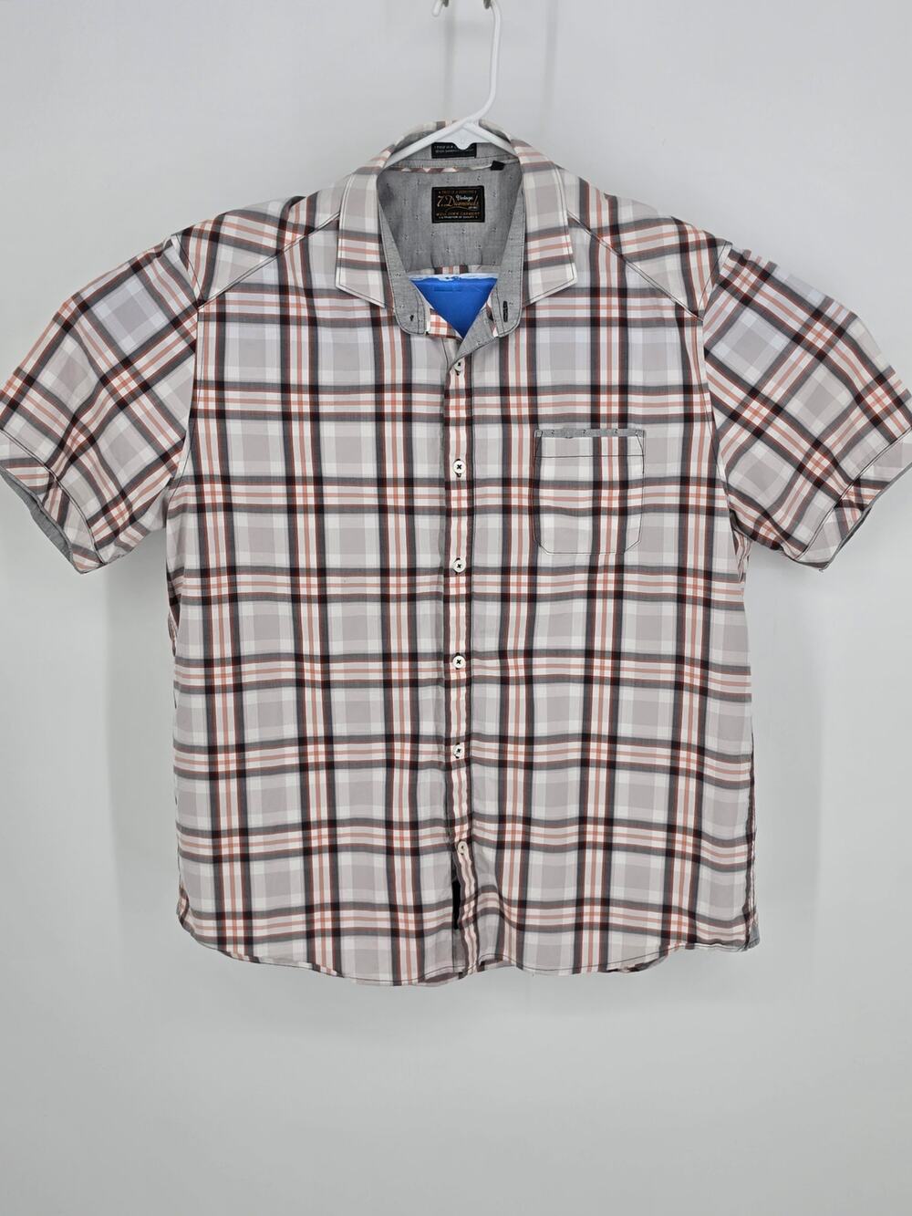 7 Diamonds Vintage Shirt XXL 2XL Grey Orange Plaid Short Sleeve Button Up